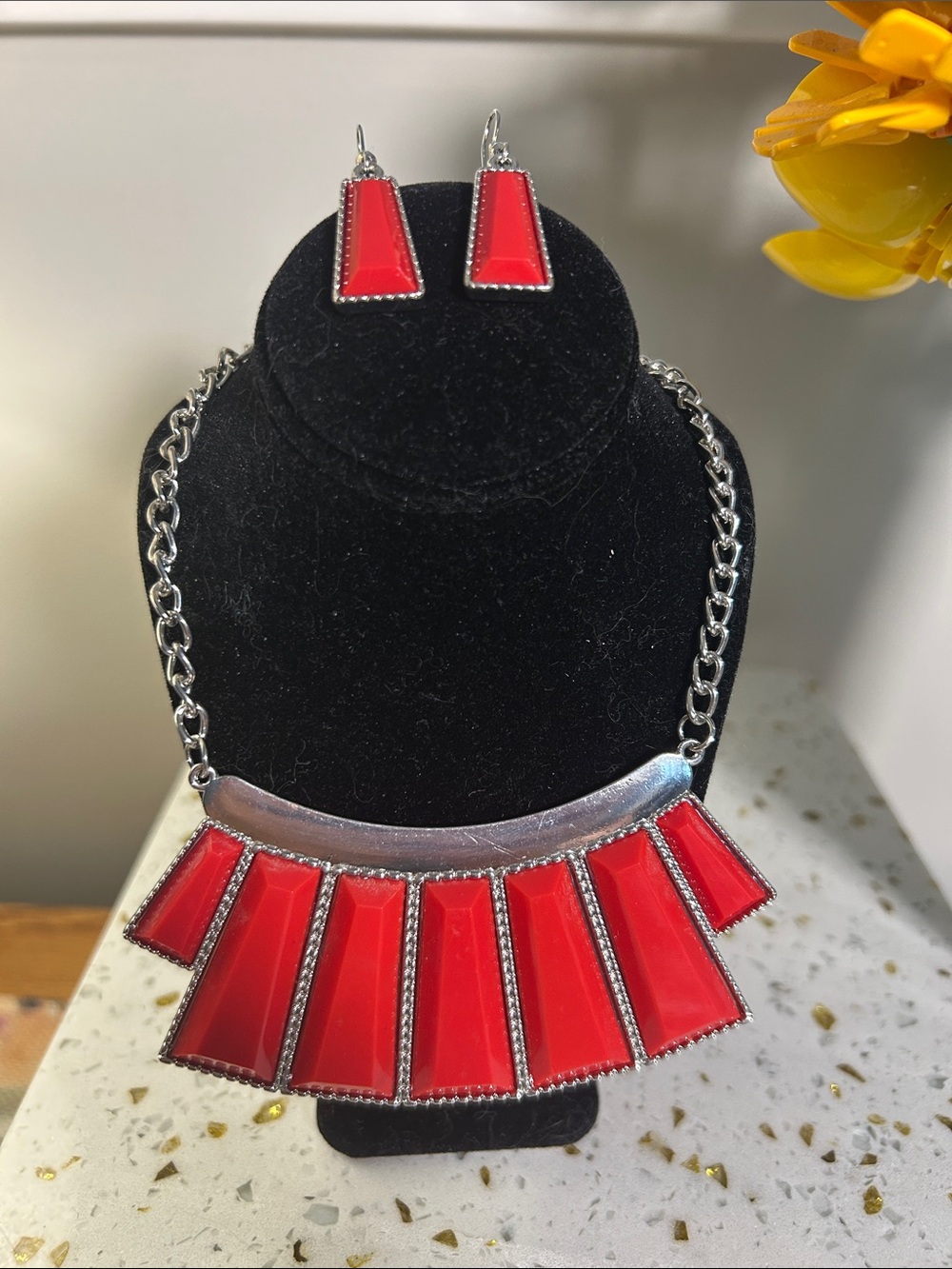 Paparazzi Glamour Goddess Red Geometric Statement Necklace & Earrings Set 18”